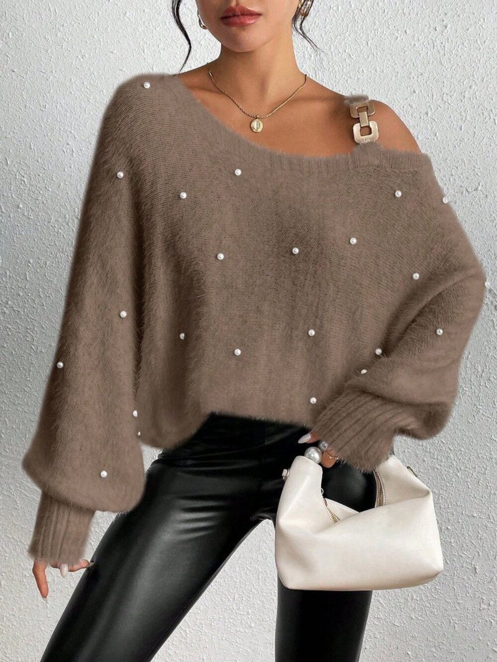 Mocha Brown Casual Women's Asymmetric Pearls Batwing Loose Knit Pullover - Picture 3 of 8
